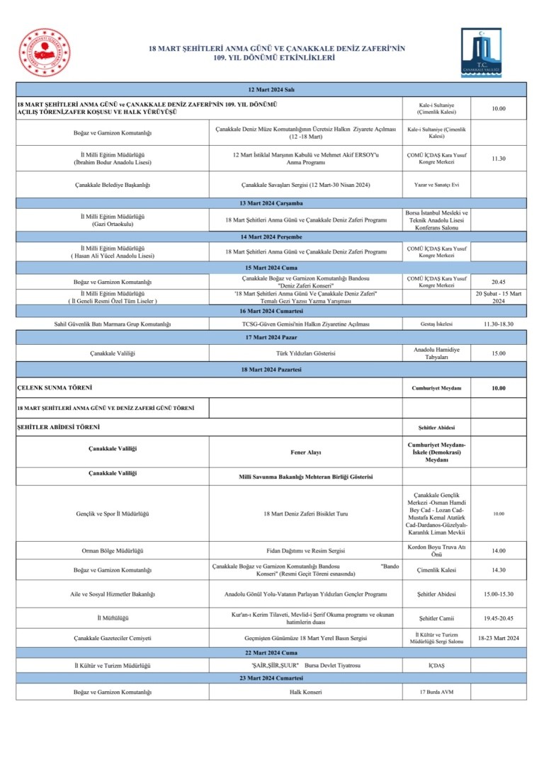 18 Mart Şehitleri Anma Günü ve Çanakkale Deniz Zaferi'nin 109'uncu yıl dönümü programı