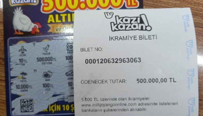 Biga'da oynadığı 10 liralık kazı kazandan bir vatandaşa 500 bin lira büyük ikramiye çıktı.