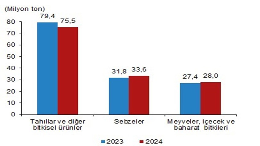 Bitkisel üretim bir önceki yıla göre tarla ürünlerinde azaldı, meyve ve sebze grubunda arttı