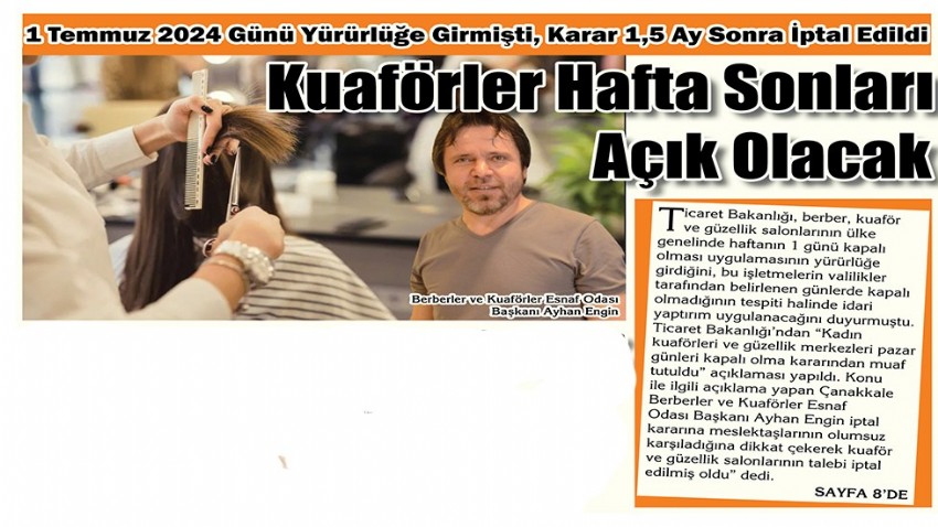 Kuaförler Hafta Sonları Açık Olacak